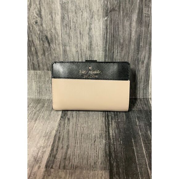 Kate Spade Two-Tone Leather Wallet Bifold Card Holder Zip Cream Black‎ NEW - Picture 1 of 7
